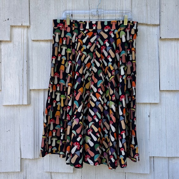 L A SOUL Mushroom Print A Line‎ Midi Skirt XL Black Colorful Boho - Picture 2 of 8